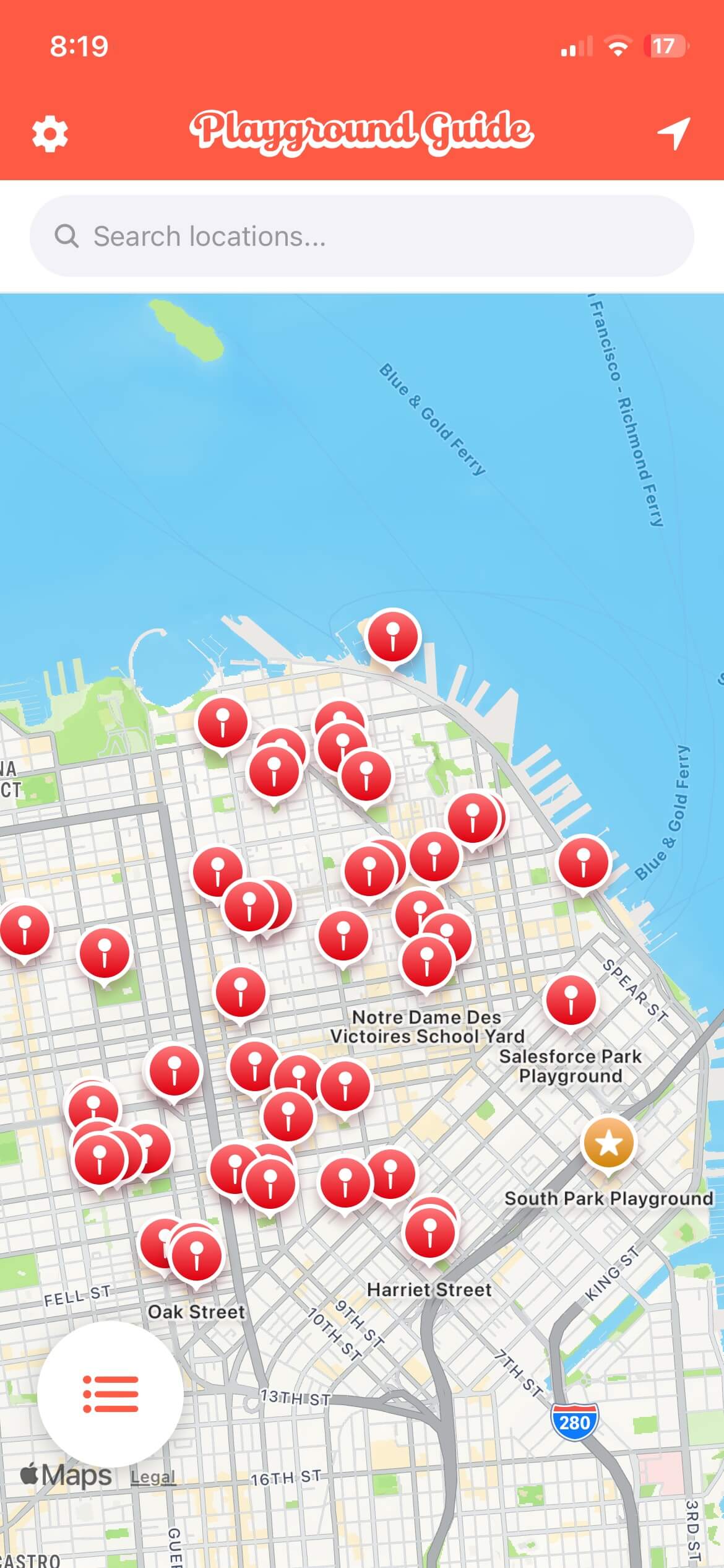 Map view showing playgrounds